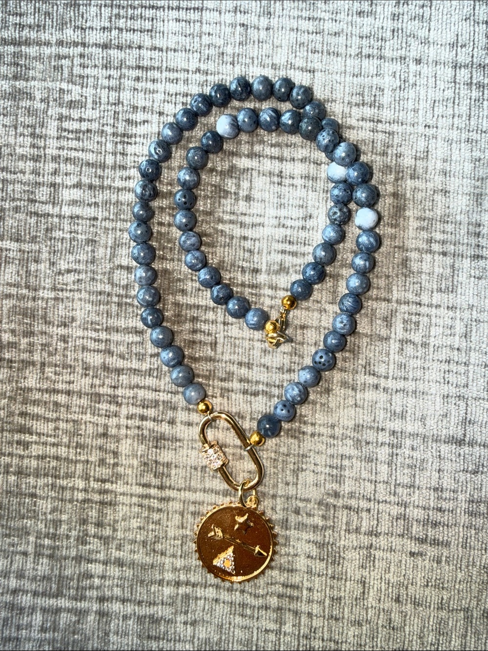 Gold Coin Pendant Necklace with Gray Beads